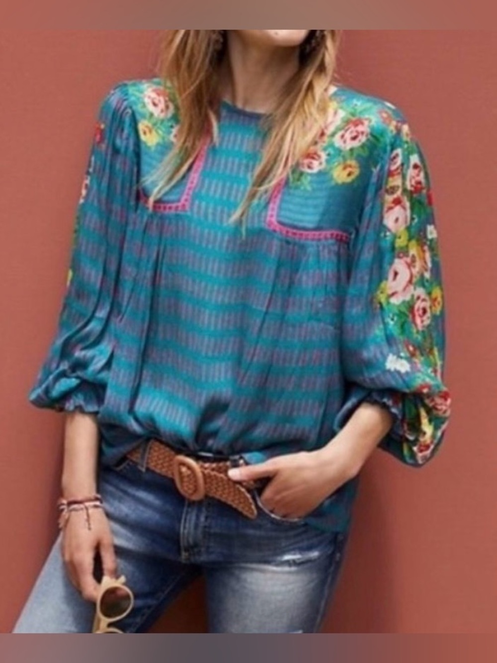 Blank London Teal Multicolor Floral Sleeve Sheer Blouse - Size S